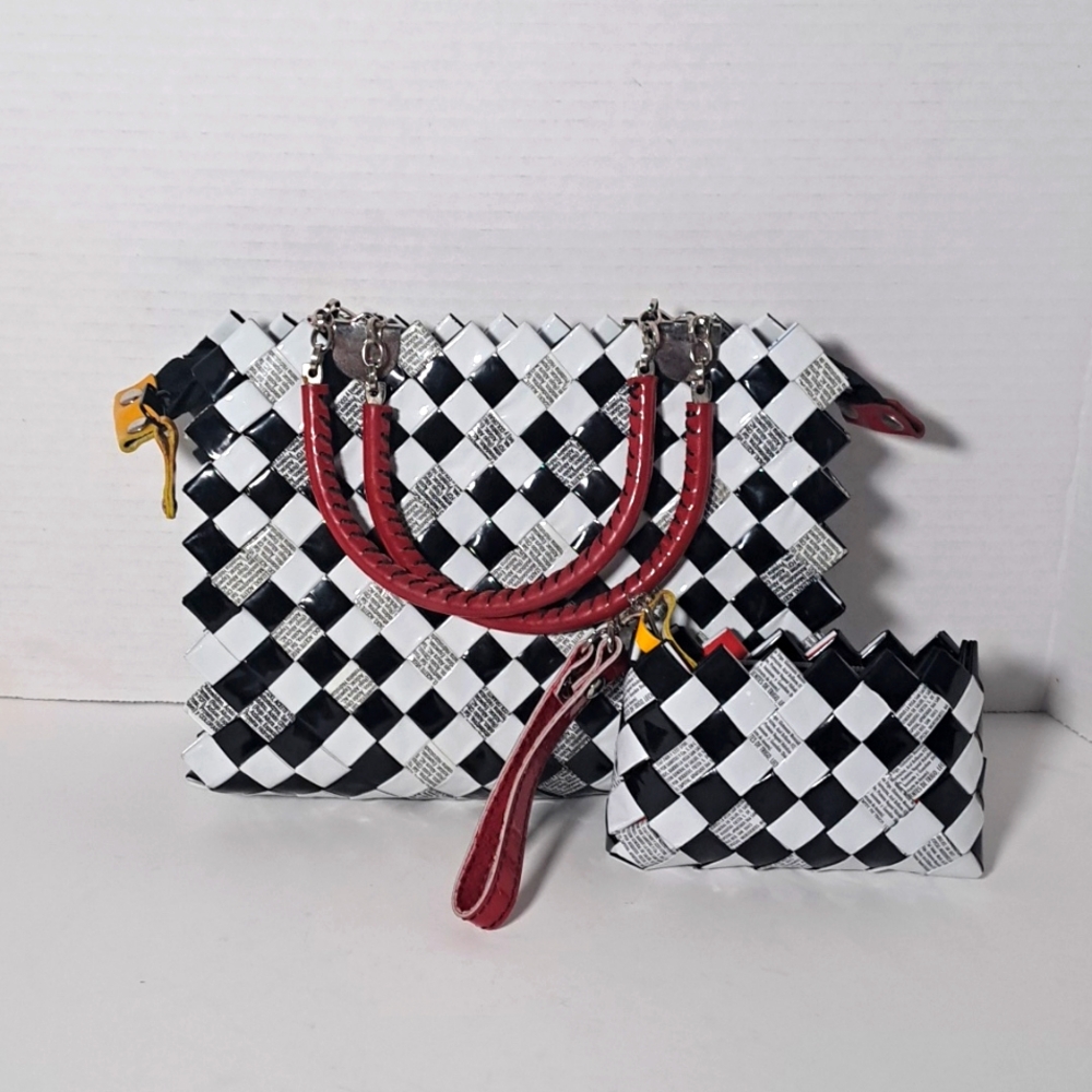 Womens black & white & red newspaper wrap wristlet with matching coin purse.